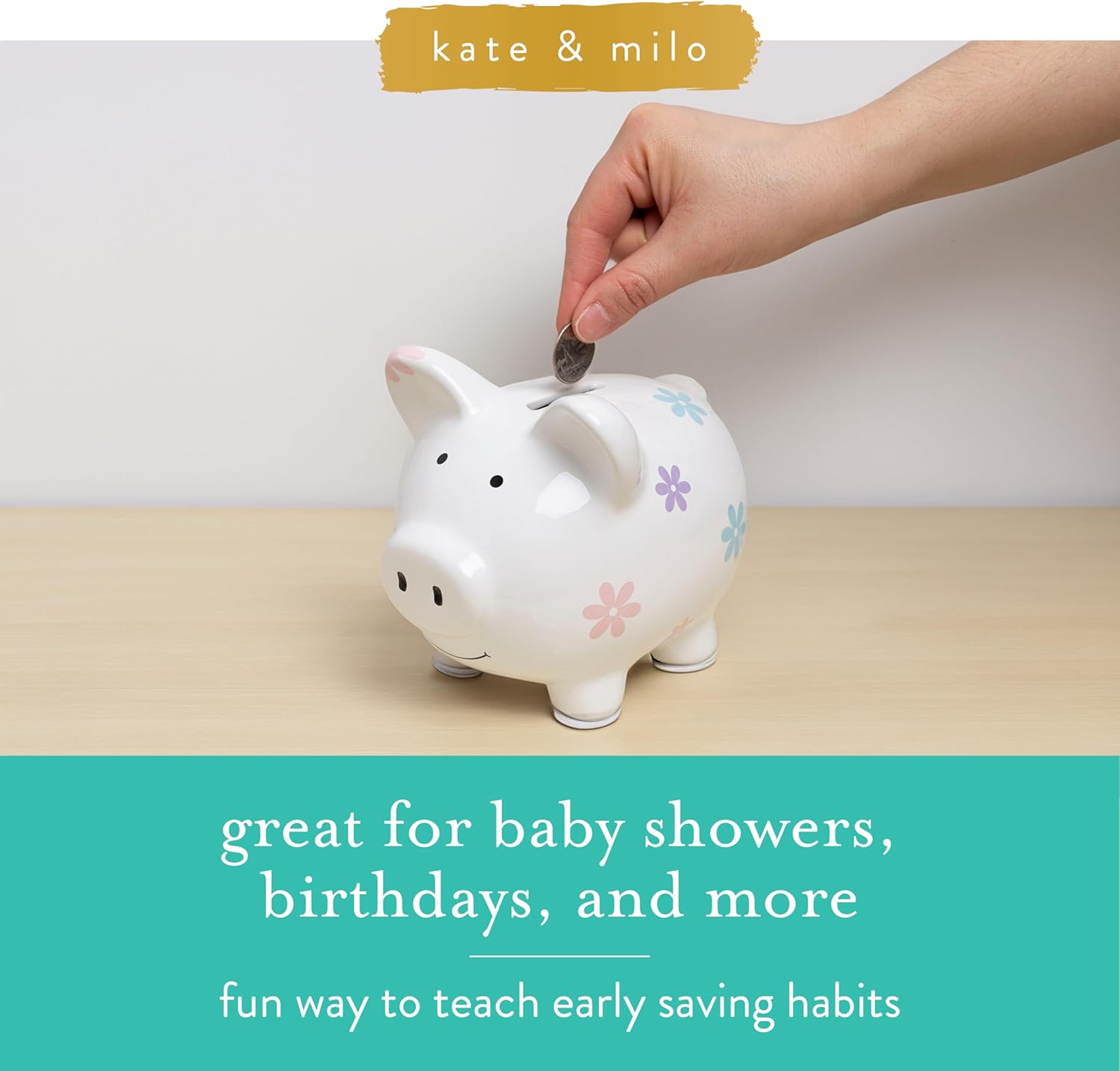 Kate & Milo Mini Ceramic Floral Piggy Bank – Baby Girl Coin Bank for Toddlers, Kids Savings Bank, Perfect, Nursery Décor Keepsake