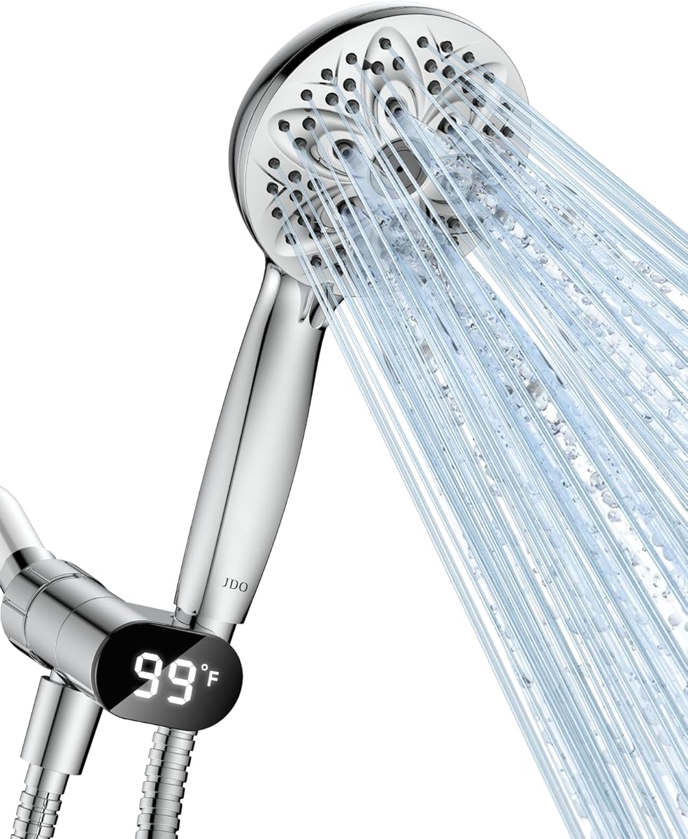 Handheld Shower Head with LED Display Temperature - JDO High Flow Showerhead with 6 Different Shower Modes - High Pressure even at Low Water Pressure - Shower Hose Shower Holder Included