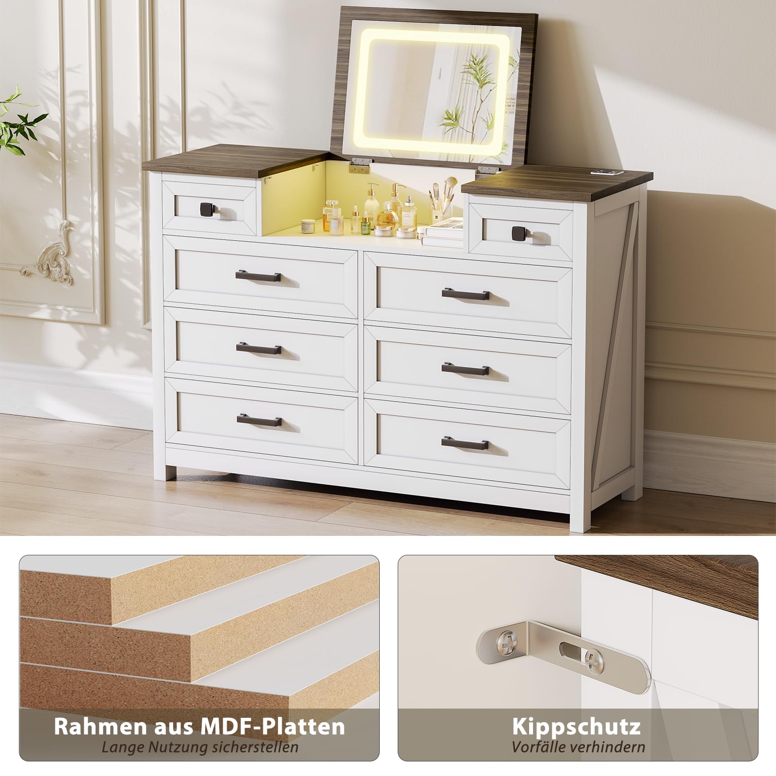 BROTTAR Kommode mit 8 Schubladen und LED Spiegel, Komodenschrank mit Ladestation, Kommode Weiß für Schlafzimmer Wohnzimmer für Kleidung, Dokumente, Spielzeug, 120x40x83cm