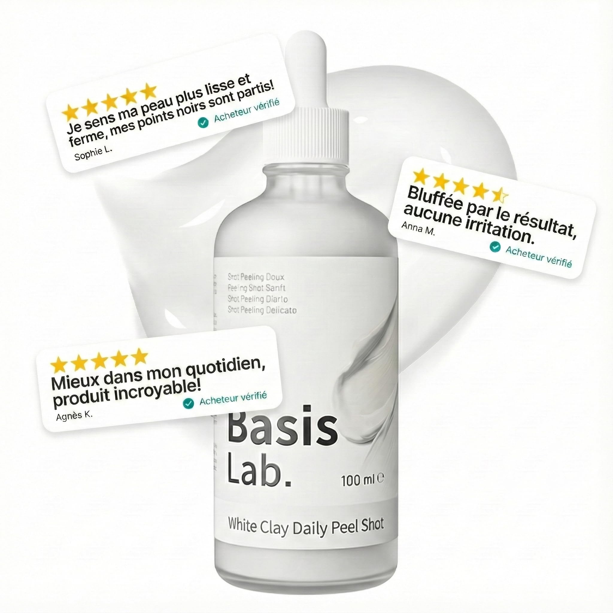 Peel Shot - Vulkan & Weisser Ton - Sanfte Porenreinigung & Tiefenpflege mit Centella & Hyaluron - Gegen Mitesser - 100ml (1x Vulkanerde + 1x Französische Tonerde, 1+1 Duo Basis Lab)