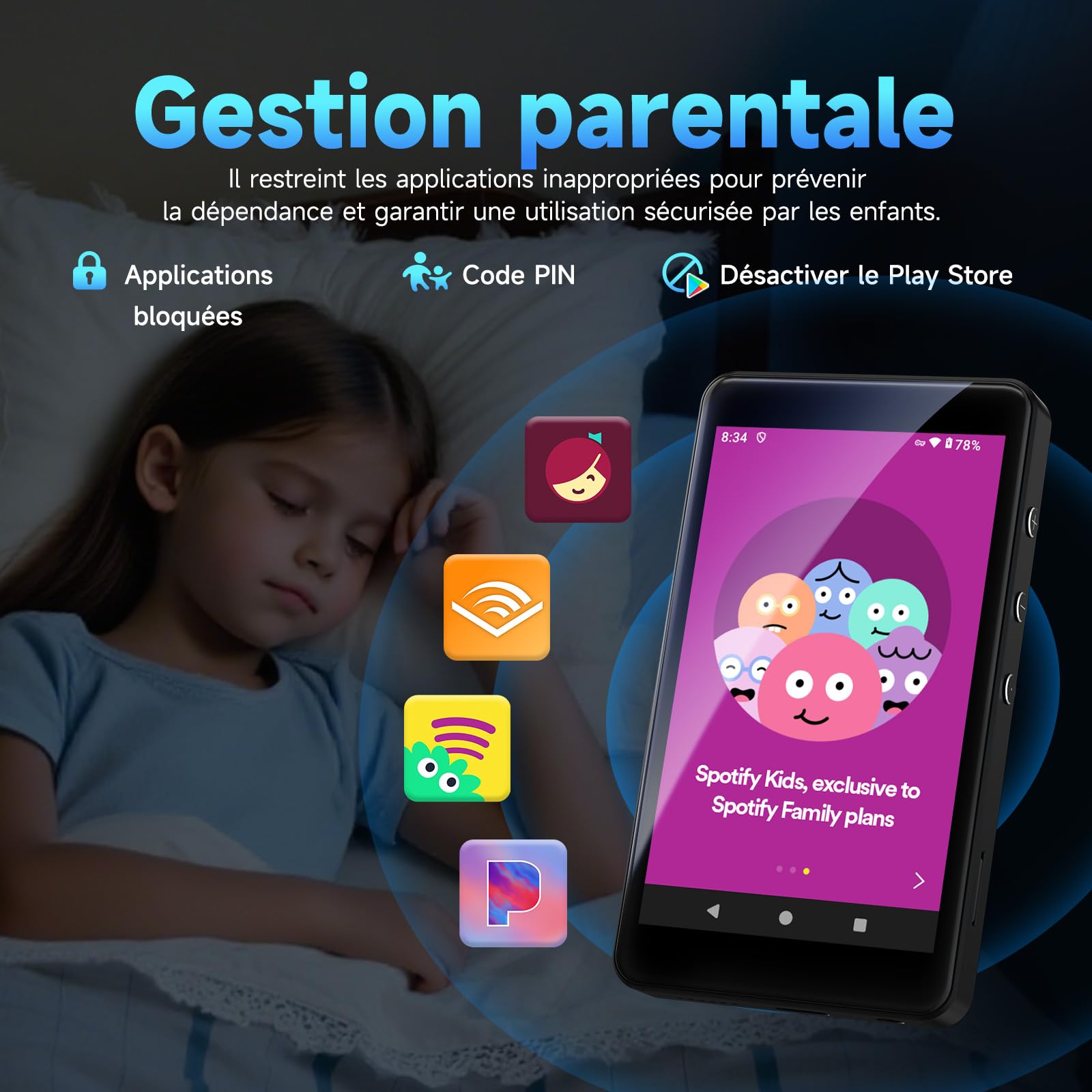 Lecteur MP3 Android 14 avec Spotify, Play Store, Amazon Music, Audible, Libby, Lecteur MP4 à écran Tactile 4 Pouces pour Enfants avec contrôle Parental, Mode Eye-Care (Noir Brillant)