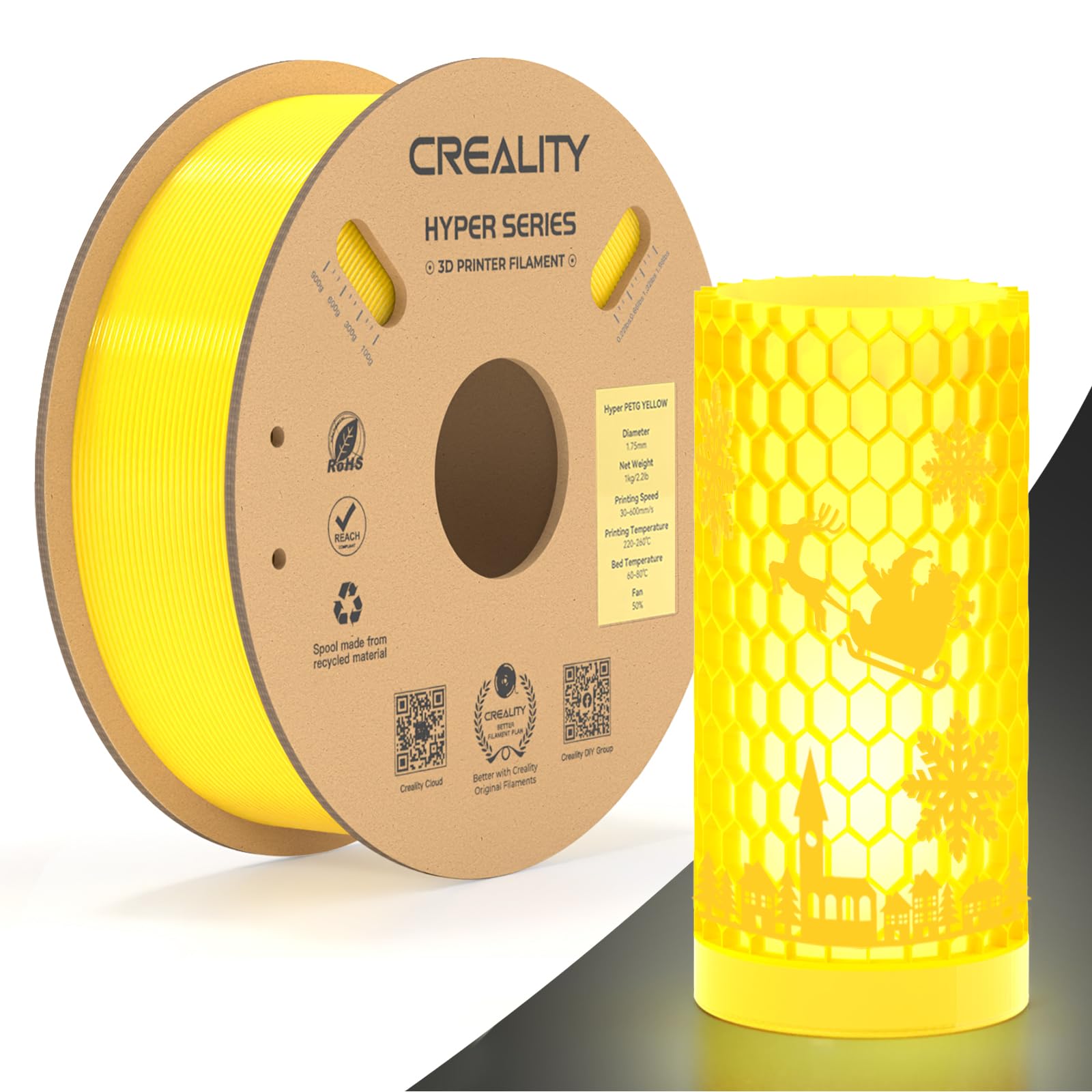 Official Creality Hyper PETG Filament 1.75mm, High Speed 600mm/s 3D Printer Filament PETG, 1kg(2.2lbs)/Spool, Dimensional Accuracy ± 0.05 mm (Yellow)