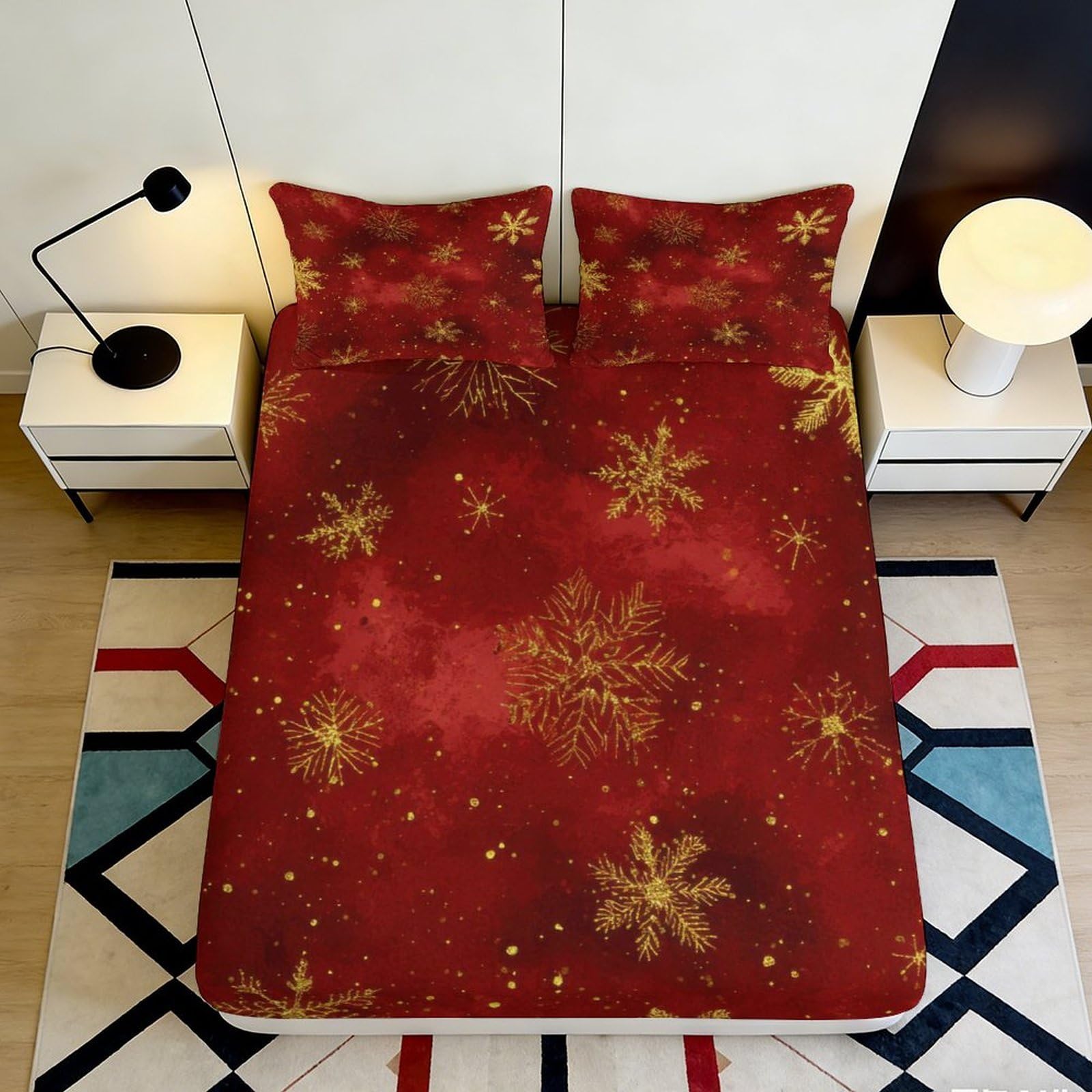 3D Printed Red Snowflake Fitted Sheet Microfiber Soft Breathable Golden Star Mattress Cover for Bedroom Dormitory Guest Room Mattress Protection Decor 120x200x25cm