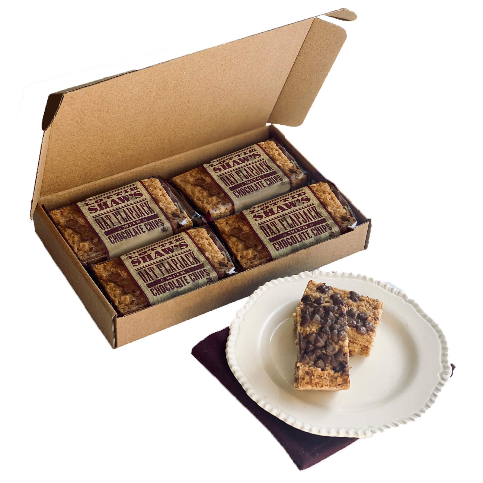 Lottie Shaw's Chocolate Chip Flapjack Letterbox Box – 4 x 100g, Belgian Chocolate, Yorkshire, Post Friendly