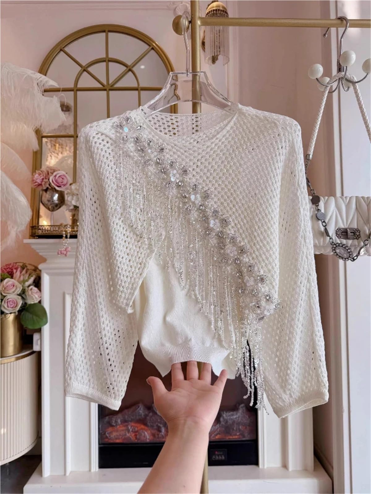 Jersey Suelto de Primavera for Mujer, Camisas Tejidas con borlas Diamantes, Conjuntos Camisola, Tops Color sólido cómodos for