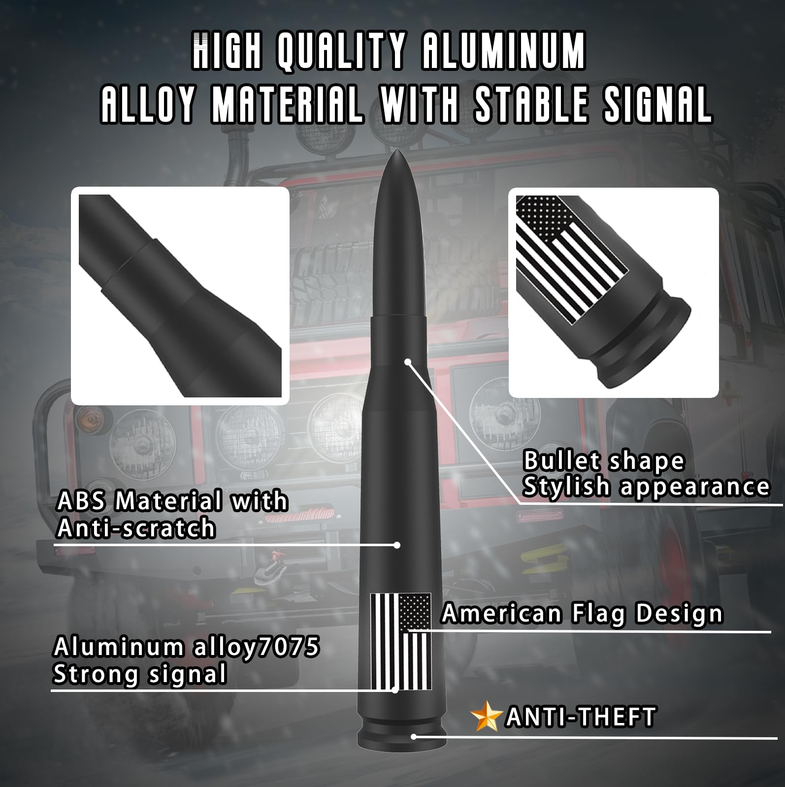 Car Truck Bullet Antenna-America Flag Style, Carwash Safe for GM Chevy Silverado GMC Sierra 1500 2500 3500 HD Avalanche Pickup Truck Accessories(Black) Anti Theft Design