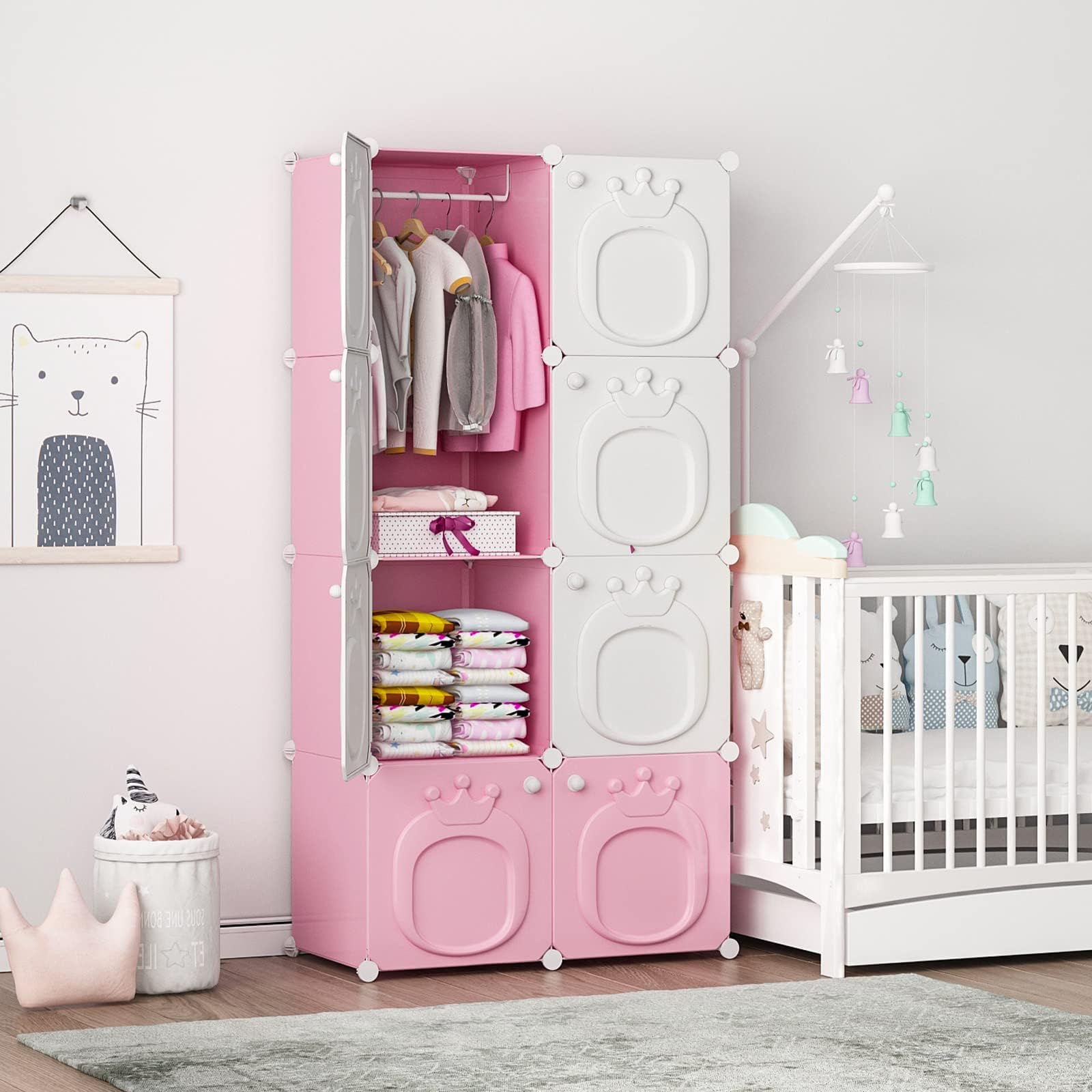 MAGINELS Kids Wardrobe, Baby Girls Closet Armoires Organizer with Door. Open Hanging Children Costume Area and 6 Cube Storage. Pink (28x14x56inch)