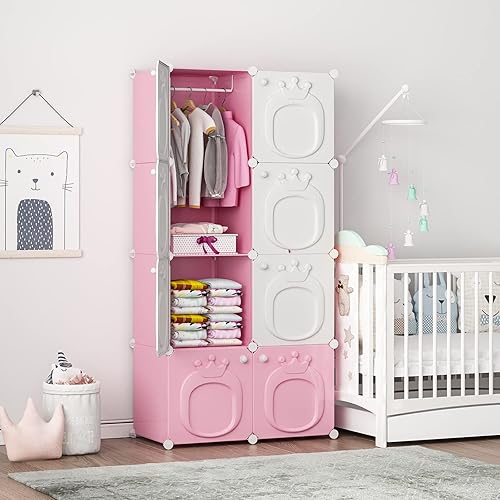 MAGINELS Armario para niños, armario de bebé para dormitorio de niños, armario de guardería, ropa colgante con puertas, rosa, 8 cubos