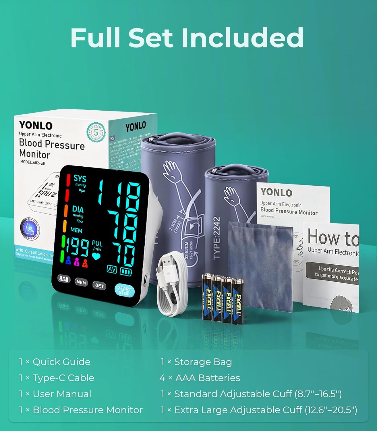 YONLO Blood Pressure Monitor, Automatic Upper Arm Blood Pressure Monitors for Home Use, 2 Blood Pressure Machine Cuff(9-17in & 13-21in) with Large LED Backlit Display, 3x199 Reading Memory Users White - Image 8