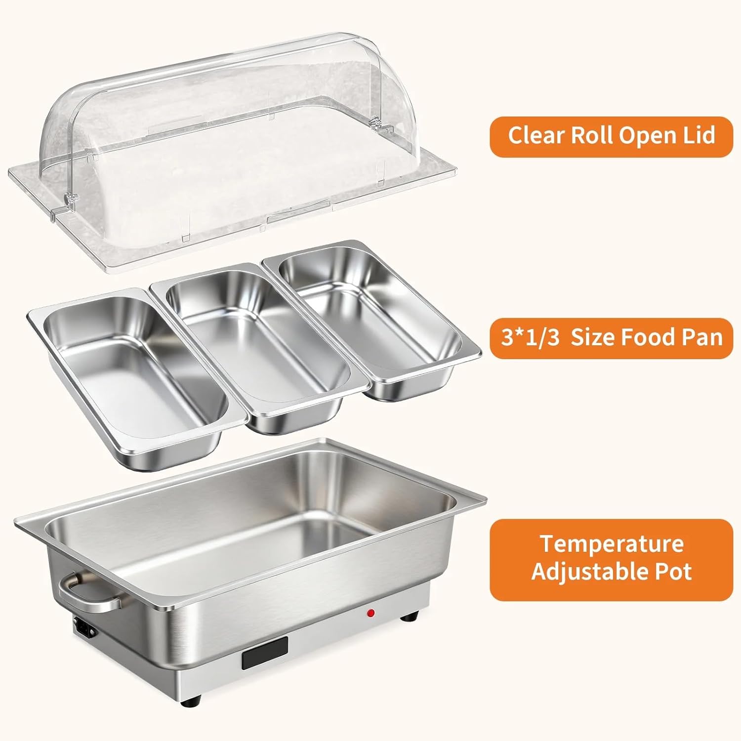 GarveeHome Electric Chafing Dish Buffet Set,3 x 3 QT Stainless Steel Food Warmers, 600W Digital Display Temperature Control Serving Trays for Parties Catering Weddings, Sections Dishwasher Safe