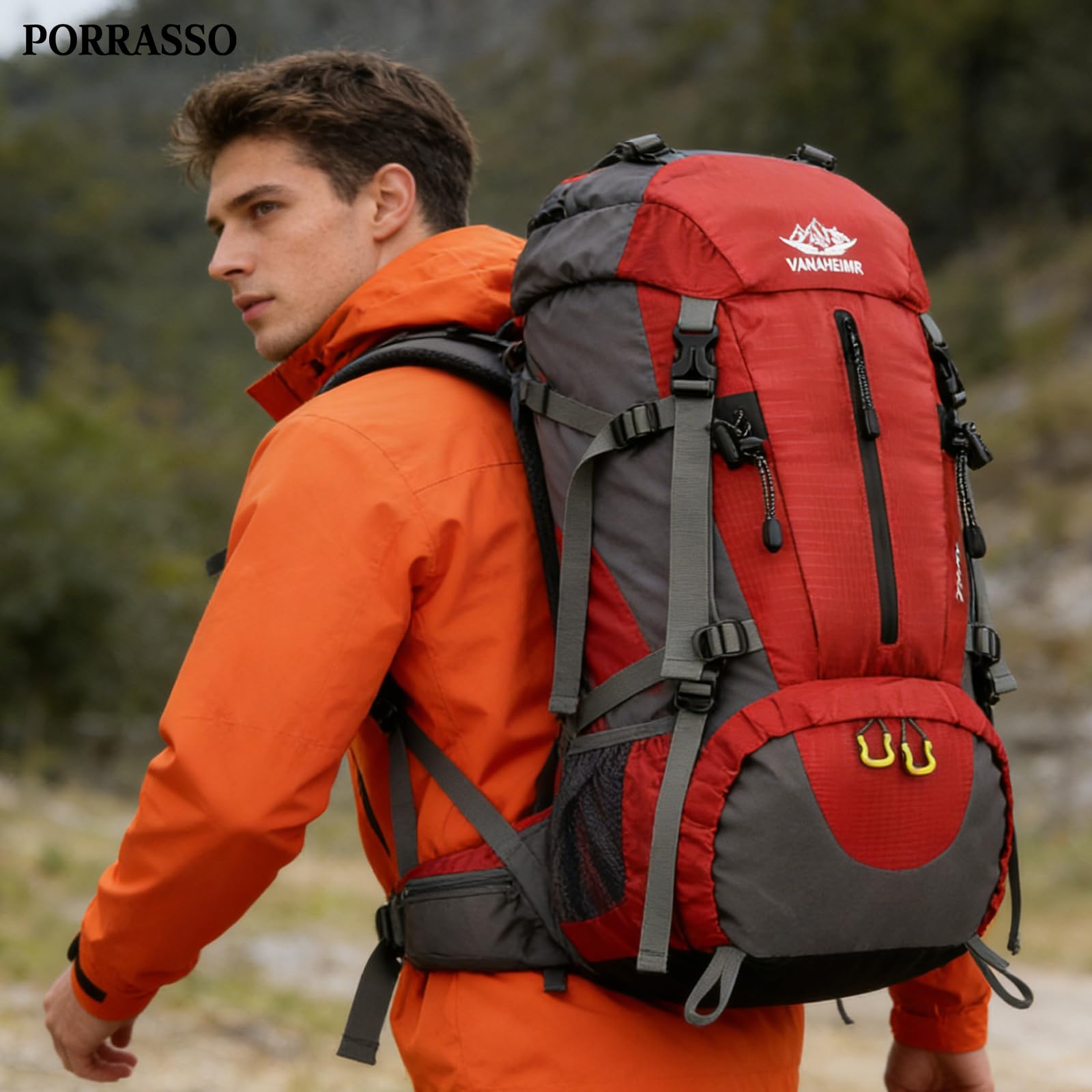 50L Wanderrucksack Wasserdichter Rucksack Reiserucksack mit Regenhülle Herren Damen Backpack für Wandern Bergsteigen Camping Reisen Sport Rot