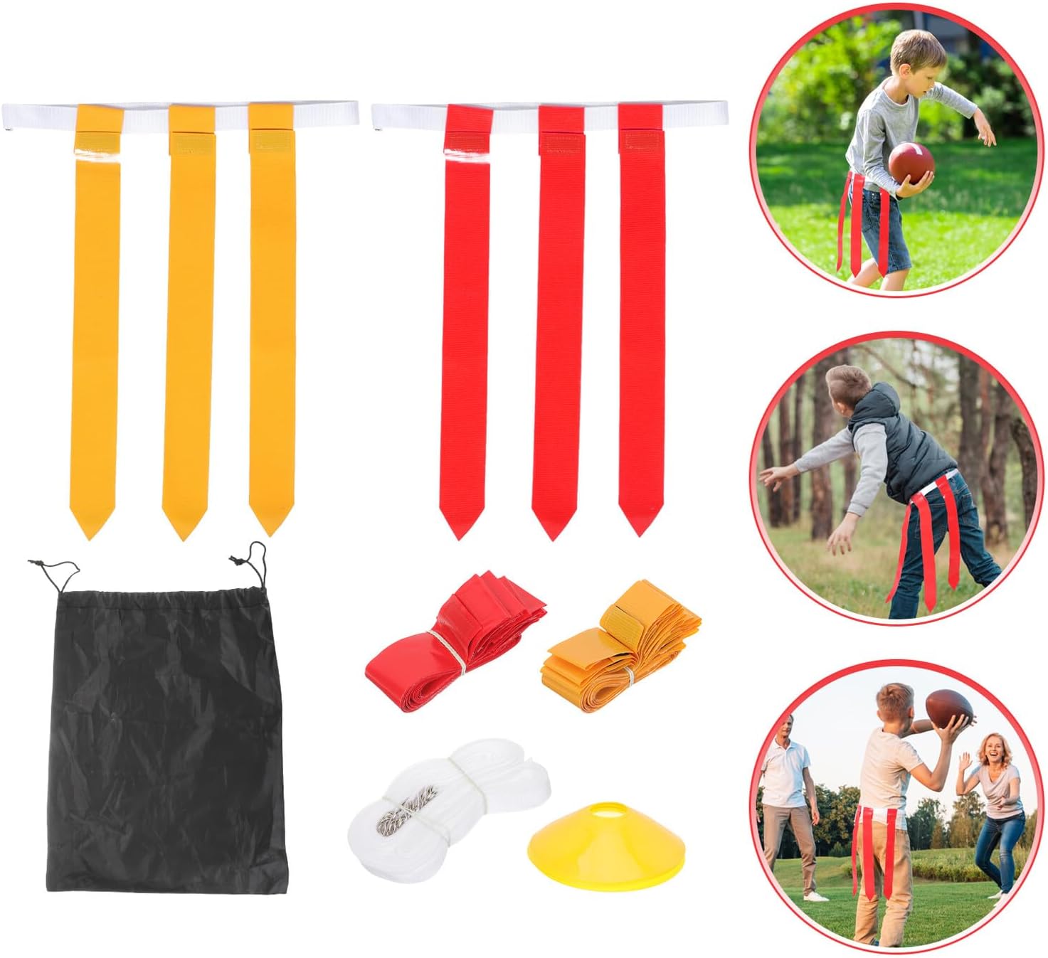 Sosoport Adjustable Football Waist Belt Flag Set with 10 White Belts and 30 Red Yellow Flags Training and Game Equipment