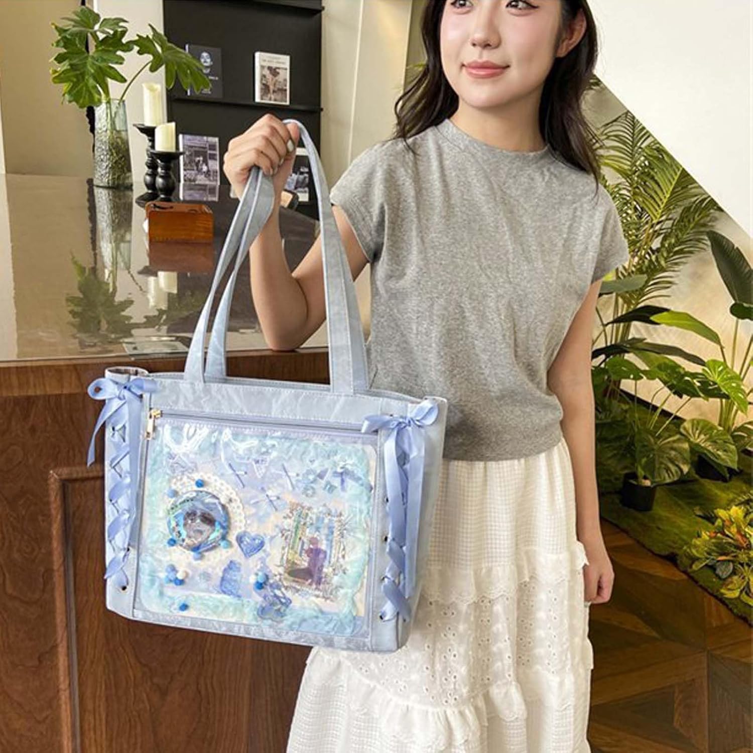 Silk ribbon itabag women's new large capacity tote bag JK bow transparent doll bag