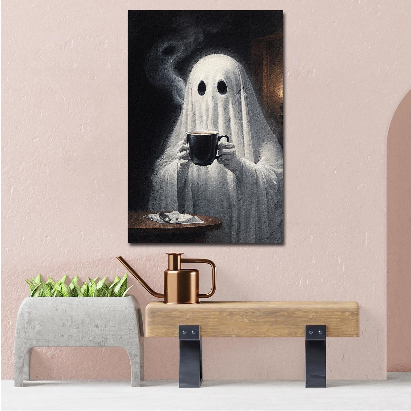 FIWCQBTD Ghost picture canvas wall art ghost drinking coffee