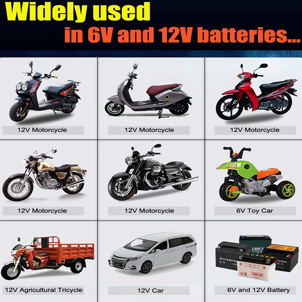 Image showing various applications for the FOXSUR charger, including 12V motorcycles, 6V toy cars, 12V agricultural tricycles, 12V cars, and general 6V and 12V batteries.