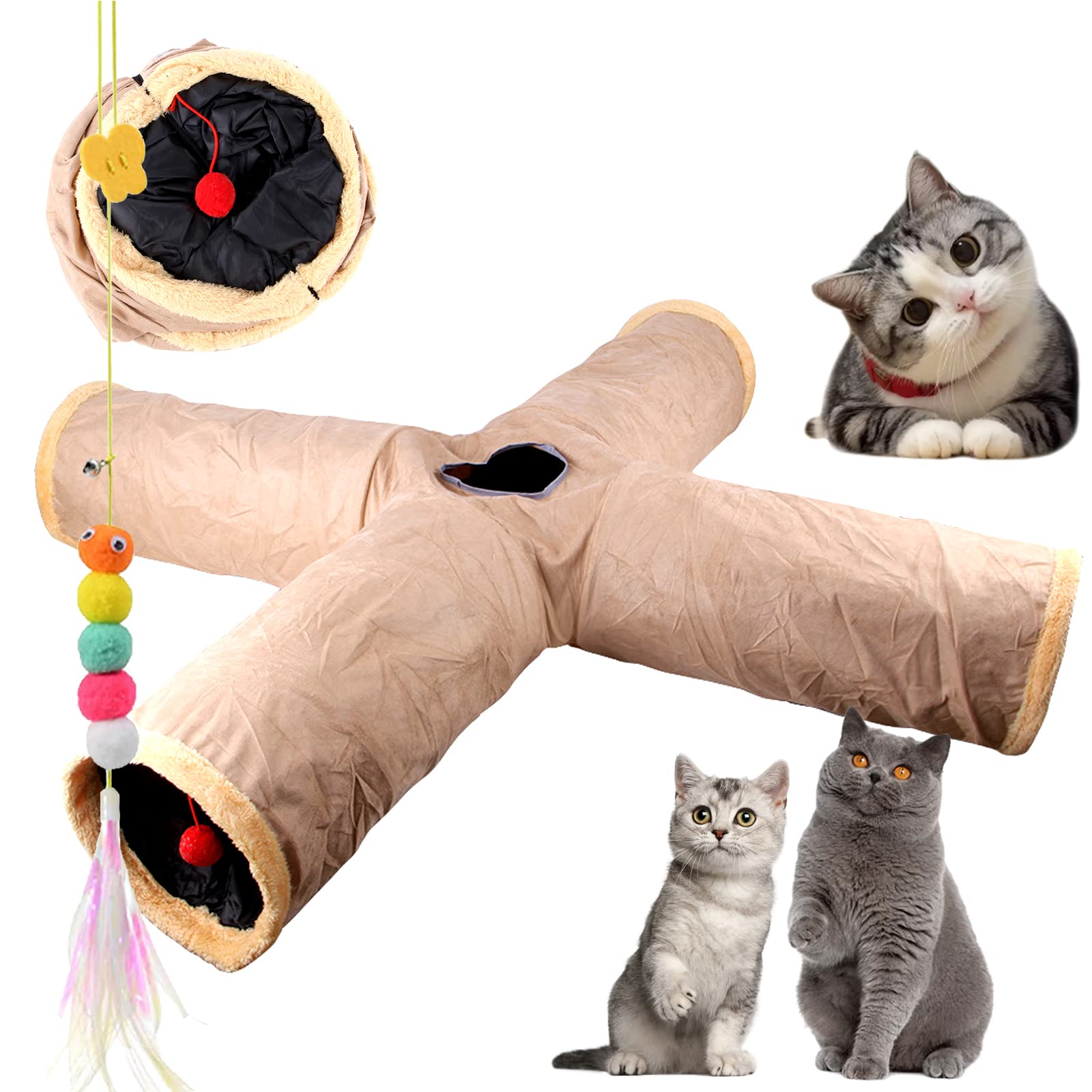 Túnel para Gatos Plegable, Juguete túnel de Gato en Gamuza, Juguete con Pompón y Colgante para Gato, Gran túnel para Gato de Interior Conejos, para Gatos,Cachorros,Conejos,Cobayas (X-Caqui)