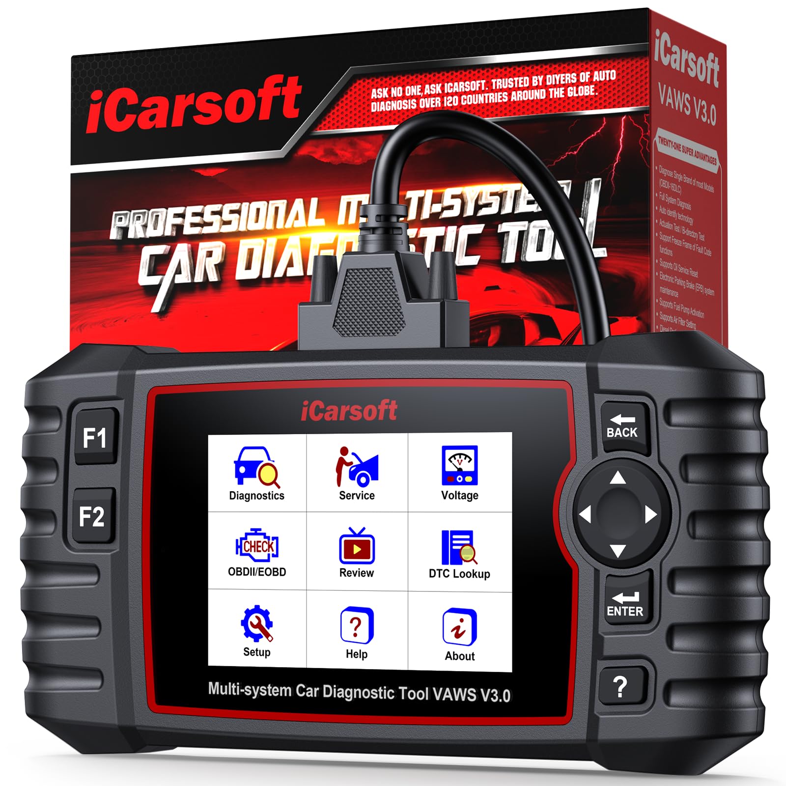 iCarsoft VAWS V3.0 OBD2 Máquina Diagnosis Coche para V.W/AU.DI/Skoda/Seat, Bidireccional Escáner de Todo el Sistema, 42 Funciones Reinicio, Prueba de Batería, Auto Vin, Actualizaciones de por Vida