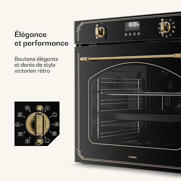 Klarstein Four Encastrable Pyrolyse Chaleur Tournante 76L - 11 Modes, Nettoyage Pyrolyse, Classe A, Design Rétro, Commande Boutons, Four Électrique Encastrable 60cm, Noir - 4