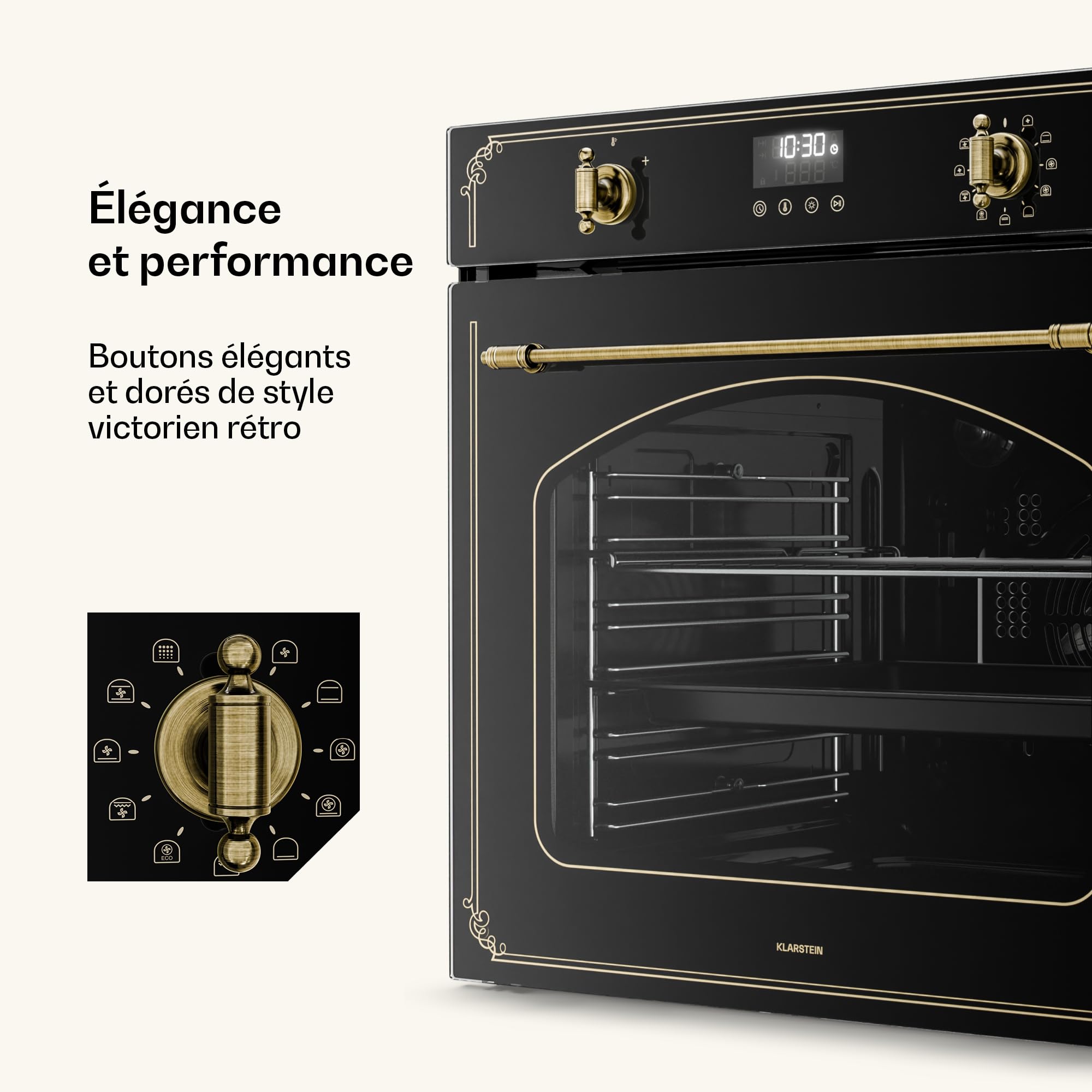 Klarstein Four Encastrable Pyrolyse Chaleur Tournante 76L - 11 Modes, Nettoyage Pyrolyse, Classe A, Design Rétro, Commande Boutons, Four Électrique Encastrable 60cm, Noir - 4