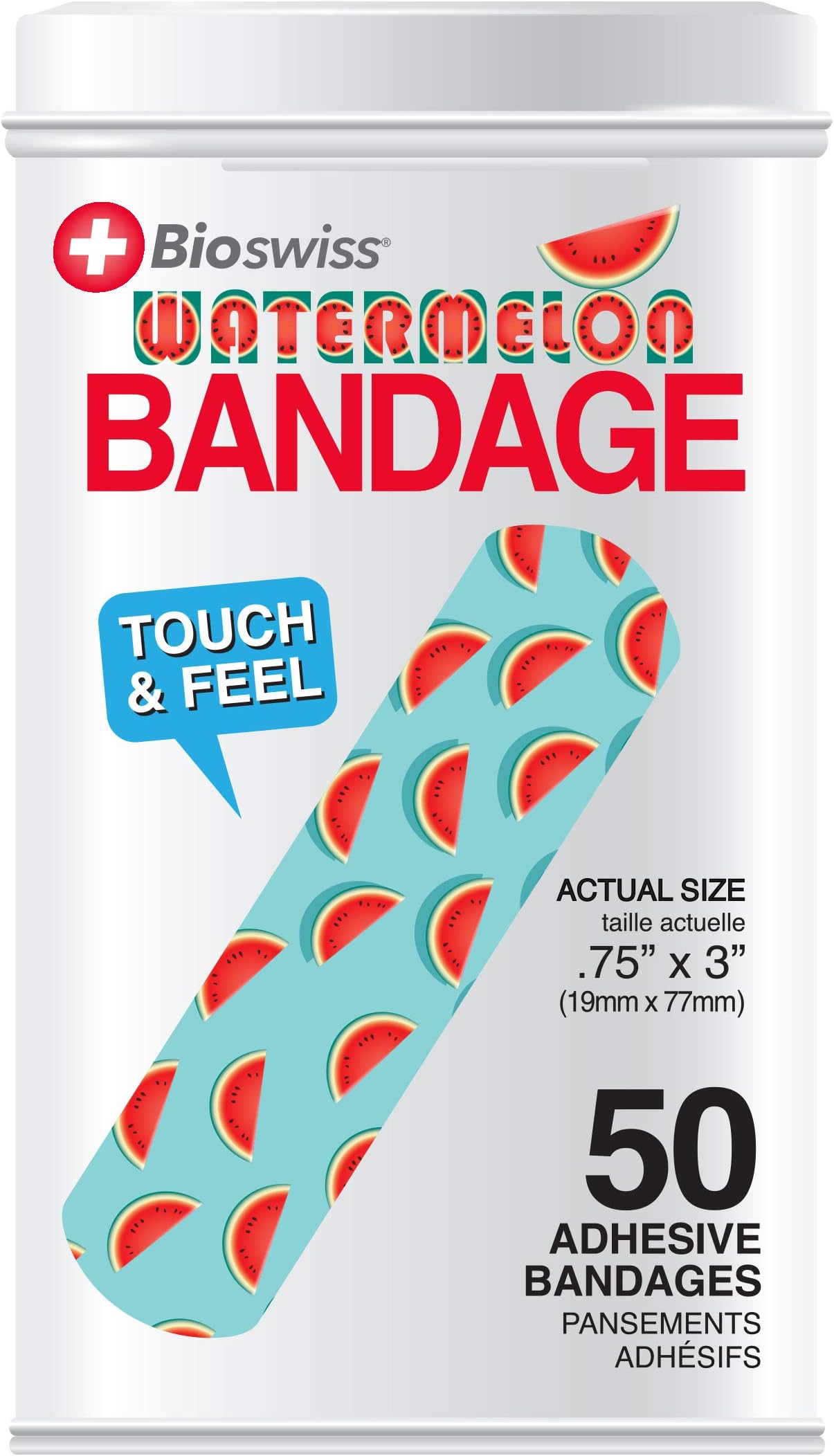 BioSwiss Kids Bandages | 50pcs Sterile Unique Shaped Bandages Colorful Funny Cute Toddler Girls & Boys, Adults First Aid, Protect Scrapes and Cuts | Wellness for Everyone | Reusable Tin (Watermelon)