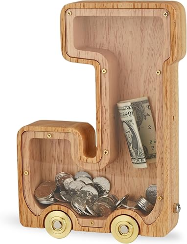 NBTORCH Alcancía grande  Alcancía de madera interconectable, alcancía del alfabeto J con ruedas, para niños, niñas y adultos (Initial-J)