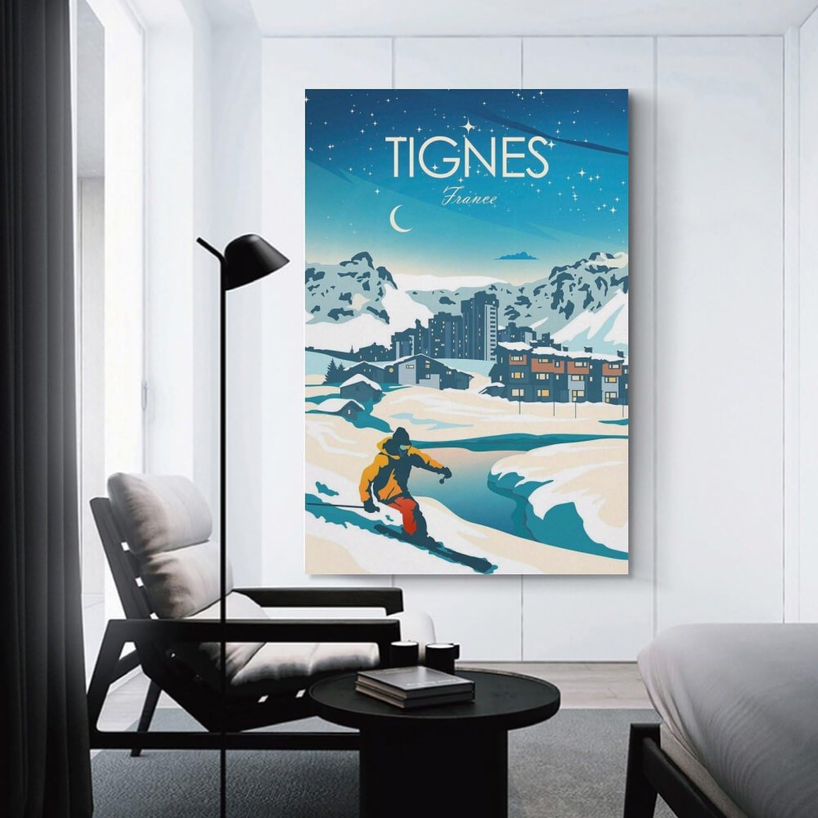 FUPMTKLT Poster su tela, motivo: Ski Tignes France Skiers, decorazione per camera da letto, ufficio, camera da letto, regalo, 60 x 90 cm
