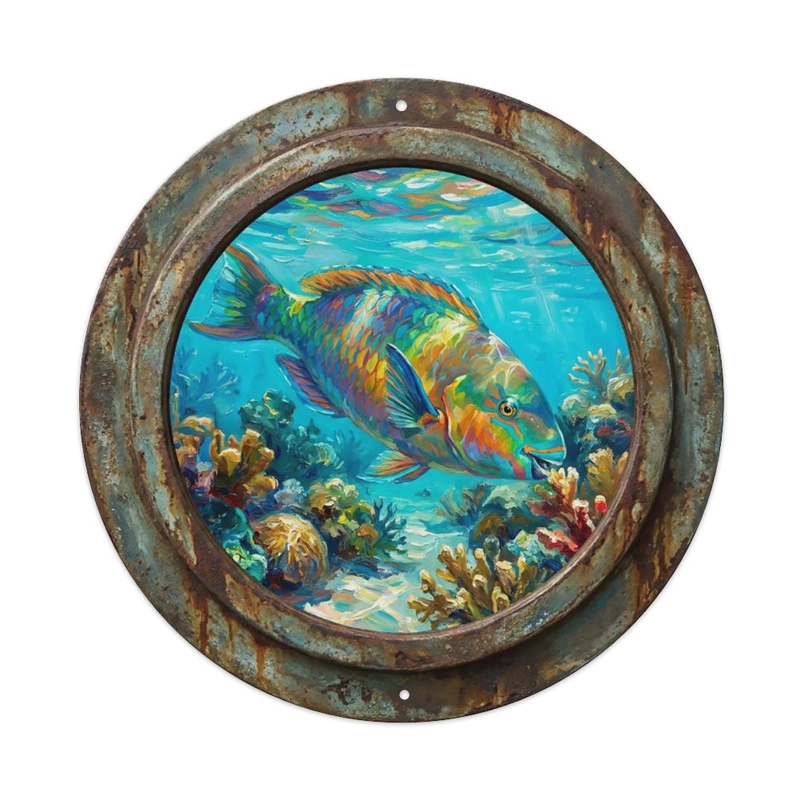 Vintage Porthole Parrotfish Ship Window Undersea Deep Sea Metal Tin Sign