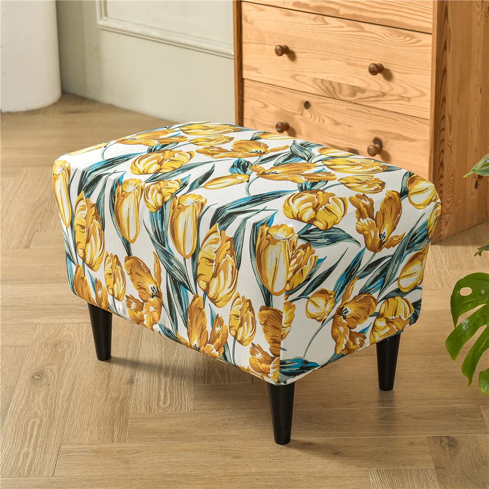 Highdi Tulip Stretch Ottoman Cover Rectangle Footstool Slipcover With Elastic Bottom, Pastoral Floral Removable Washable Pouffe Cover Footrest Stool Cover For Living Room Bedroom (Tulip)