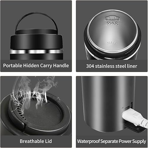 Miniatura 4 de Tetera de viaje, pequeña tetera eléctrica, portátil, con 4 ajustes de temperatura, enchufe en acero inoxidable 304, con apagado automático (negro)