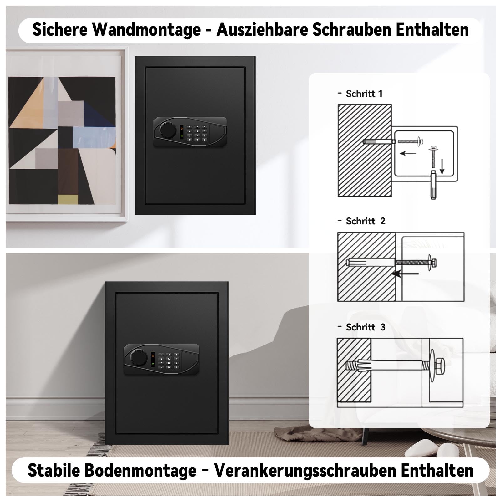 Digital Security Elektronischer Tresor mit LED-Beleuchtung, 60L Feuersicherer Safe für Zuhause, Büro, Hotel – Inklusive A4-Dokumentenbeutel und Wandmontage-Set (35x35x45cm)
