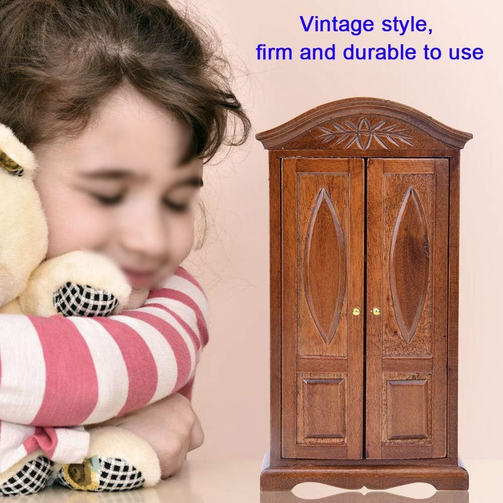 Dollhouse Wardrobe,1:12 Simulation Miniature Bedroom Furniture Wooden Vintage Cabinet for Fairy Gardens Doll House Decoration Accessories (Brown)