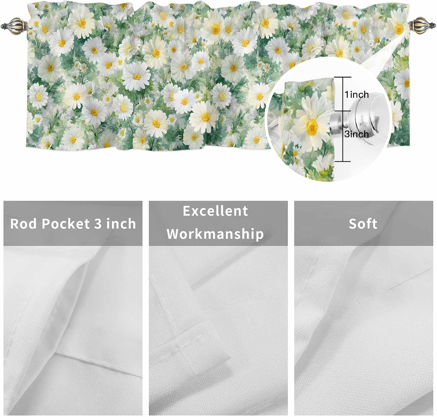 Kitchen Curtain Valances for Windows,Spring Watercolor Daisy Flower Rod Pocket Small Valance Blossom Floral Oil Painting Art Short Window Treatment for Bedroom Bathroom Living Room,54x18in