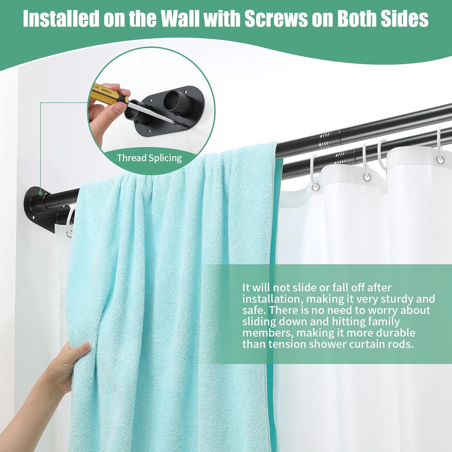 Double Shower Curtain Rod 28 to 75 Inches Elegant Double Shower Rod Adjustable Wall Mounted Double Shower Curtain Pole for Bathroom (Black, 28 to 75")