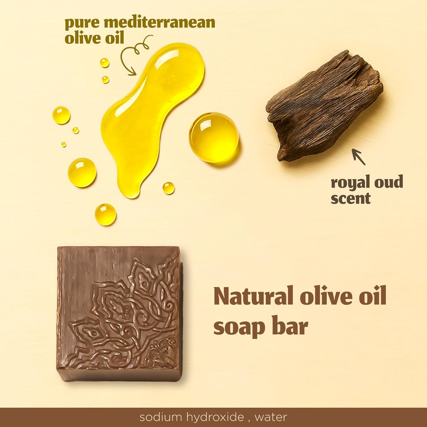 Hekaya Aleppo Soap Bar – Royal Oud Scented Pack of 4 Handmade Olive Oil Soap Bar – Gentle Cleanser for Face Body & Hair Natural, Moisturizing – 17.6oz Total