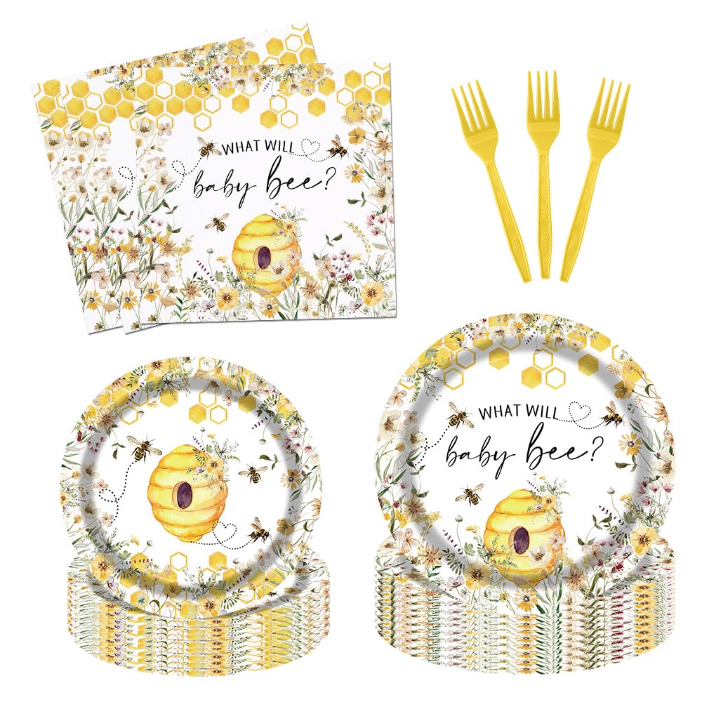 96-teiliges Bienengeschlechts-Enthüllungs-Partygeschirr mit Aufschrift "What Will Baby Bee Teller und Servietten", Babyparty-Set, Wabenblumen, Dekorationen für 24 Gäste