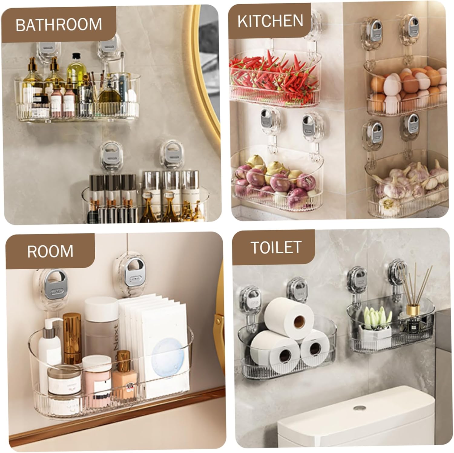 2Pcs No-Drill Bathroom Suction Storage Box, Wall-Mount Suction Storage Box with Drain Holes, Large Capacity & Strong Load-Bearing Shower Caddy