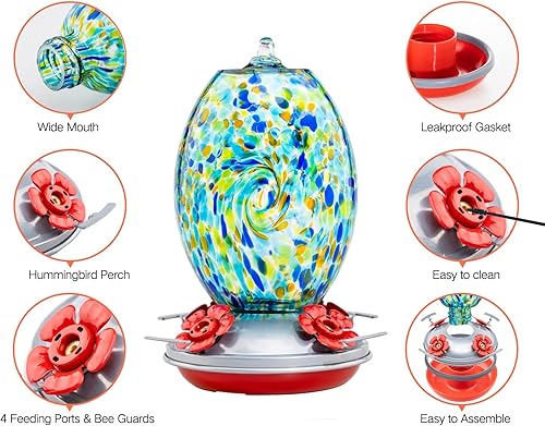 Miniatura 5 de Muse Garden - Comedero de vidrio soplado de 27 onzas para colibríes para exteriores; regalo p/mamá, mujeres, abuelos, decoración de jardín p/colgar