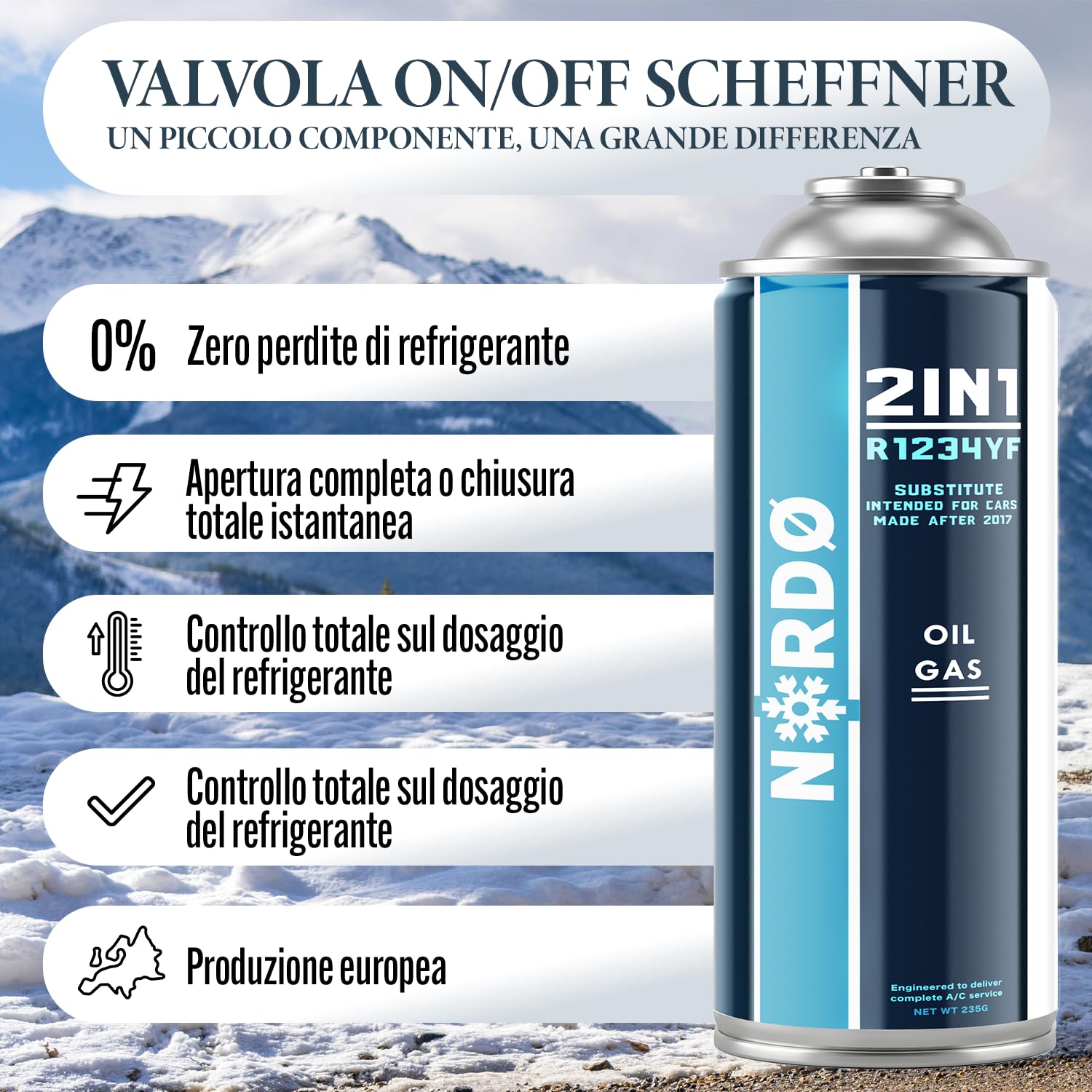 Nordo - Kit ricarica climatizzatore R1234yf con gas R1234yf 3in1 – 2x 235 g – Gas R1234yf – ECO – con adattatore AZ e tubo