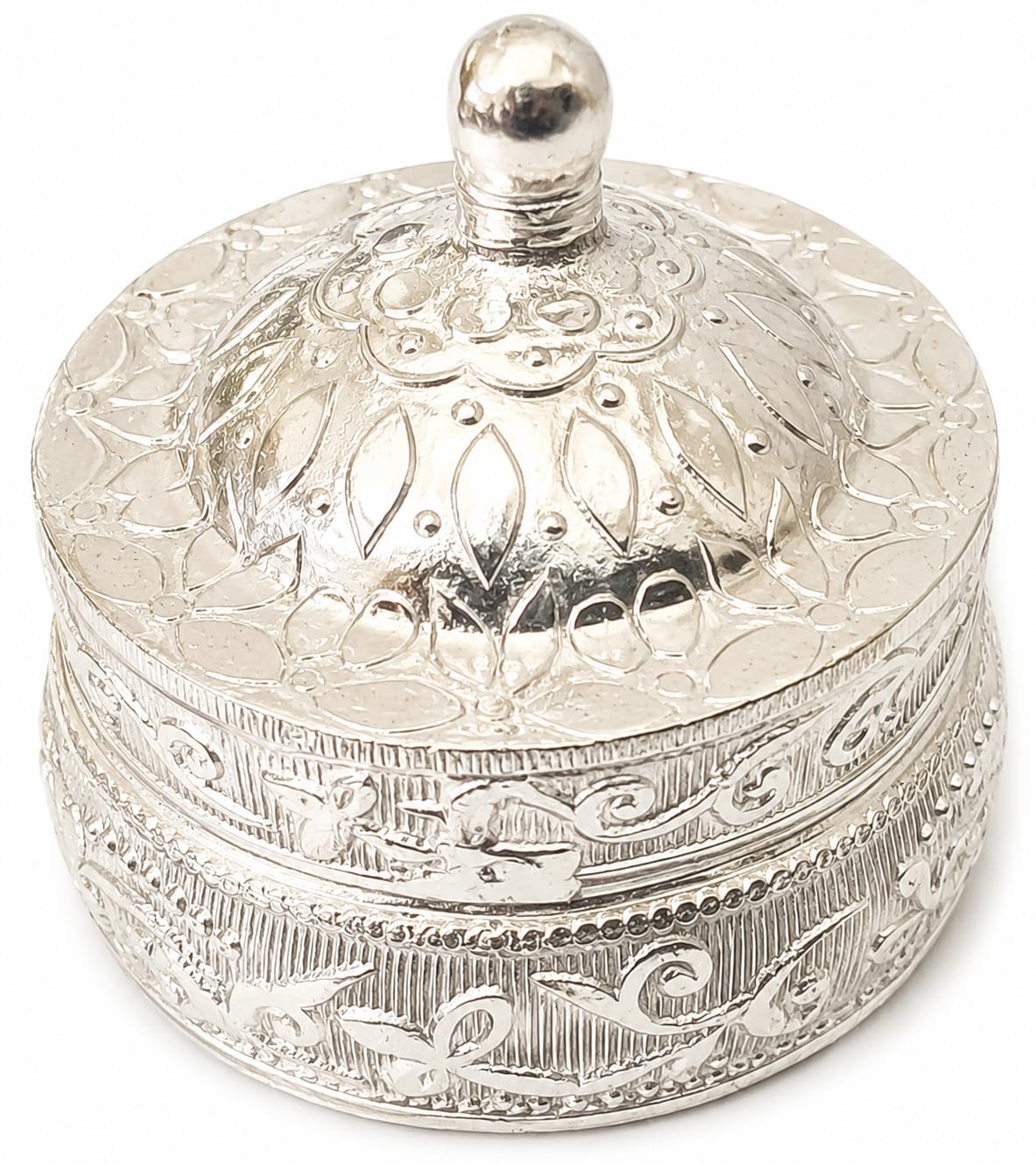 Sindoor Dani Silver Box Sindur Dibbi for Kumkum Kanku Laddu Gopal Prasad Kankavati Chuna Tobacco Decorative White Metal Round Container Dabbi (Silver Bantaji/Sindoor Dabbi with Knob)-image-27