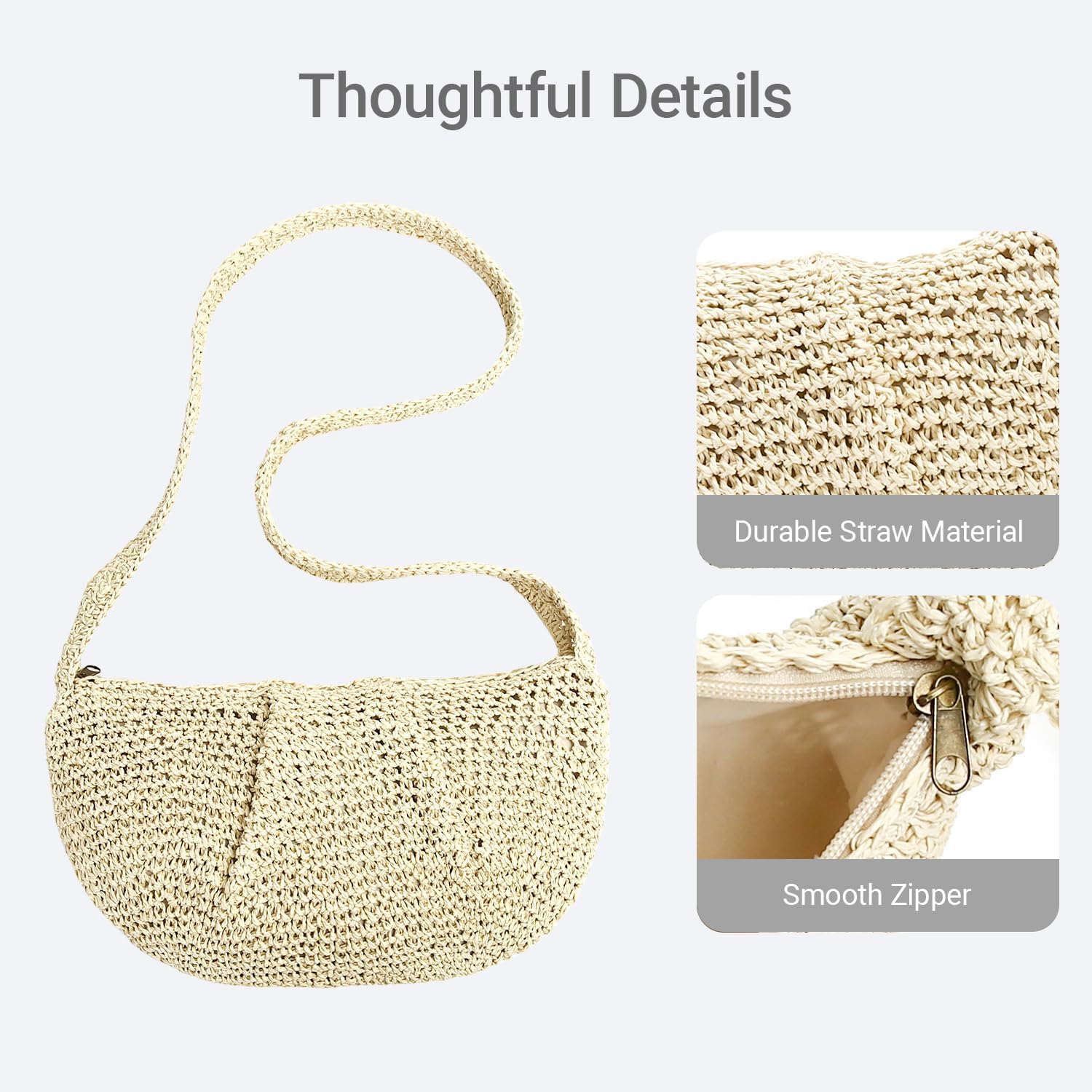 Herald Small Pleated Crescent Straw Woven Crossbody Bag for Women, Ruched Handmade Summer Beach Shoulder Purse Handbag - Image 6