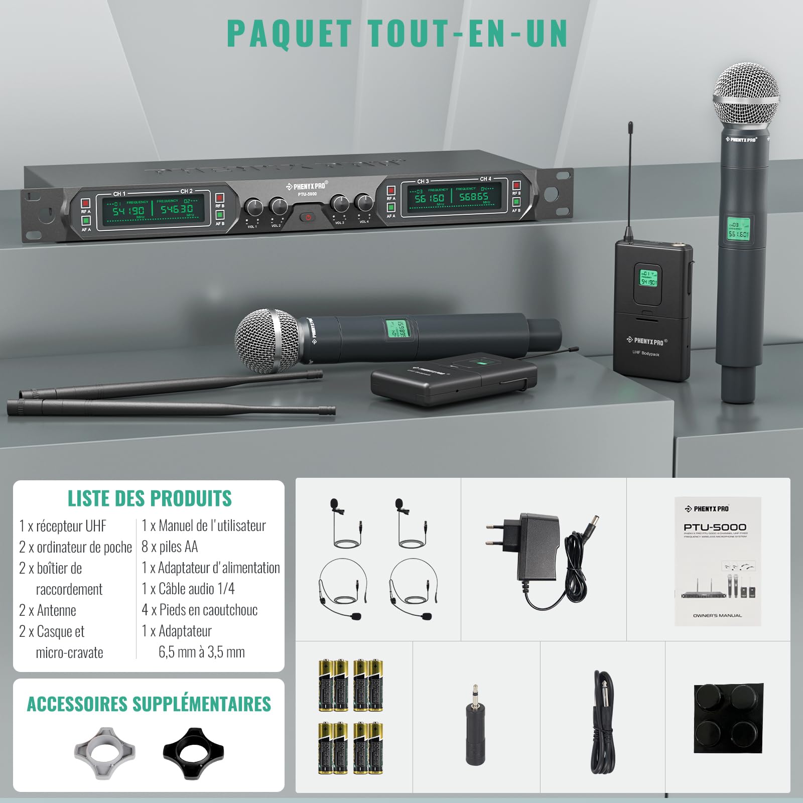 Phenyx Pro Système de Microphones sans Fil UHF 4 Canaux PTU-5000-2H2B | 2 Micros main dynamiques, 2 bodypacks, Micros casque/lavalier, Fréquence fixe, Portée 260 ft, Services religieux