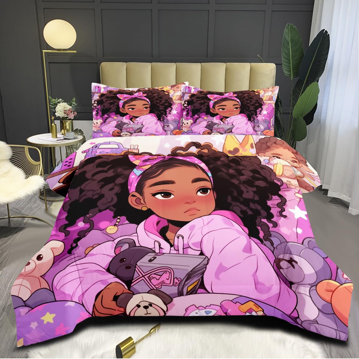 CCoutueChen Black Girl Magic Comforter Sets for Kids Girls Pink Cartoon Bedding Set King Size African American Black Girl Comforter Summer Lightweight Decor Bed Set, Black Pink