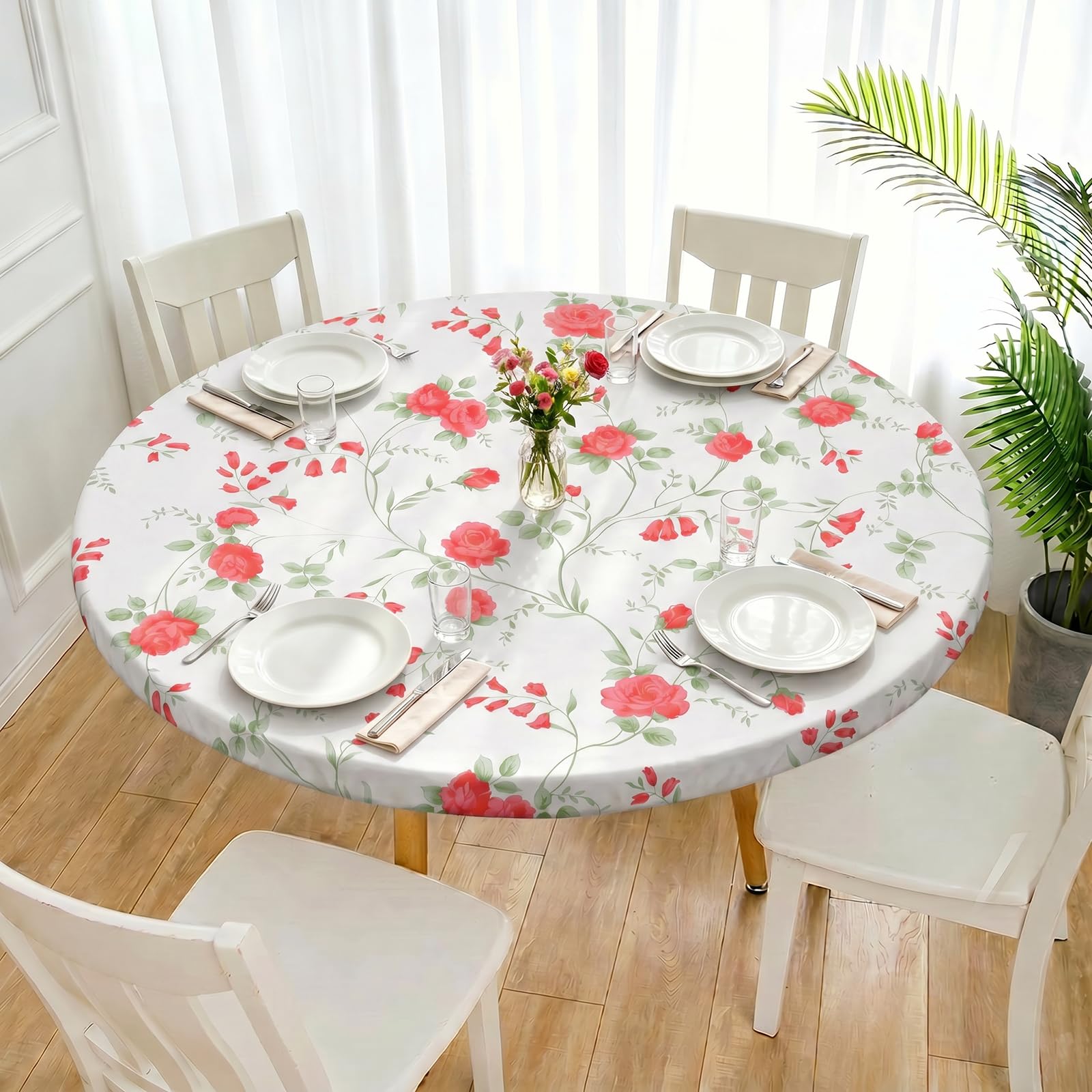 Round Fitted Tablecloth with Elastic Edge, Wipeable Flannel Backed PVC Table Cover for 90-110cm, Waterproof Non Slip Table Protector for Dining Room, Kitchen, Picnic(Pink)