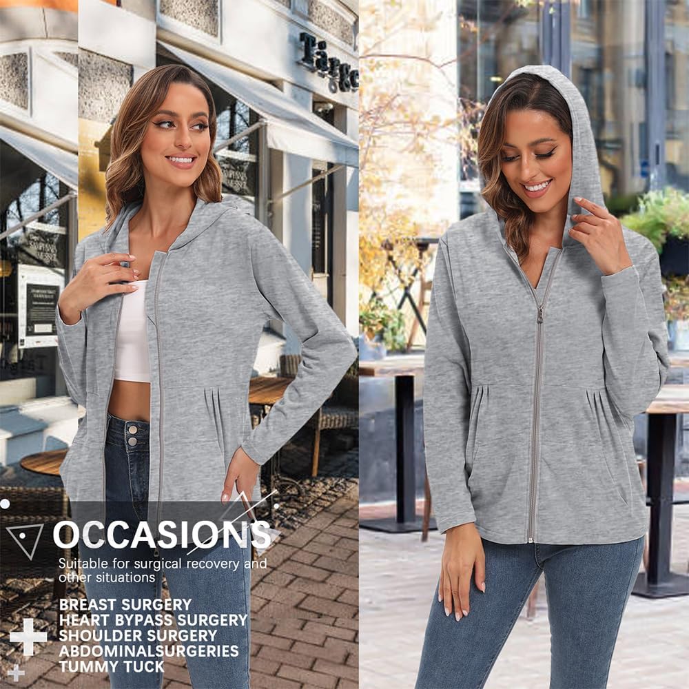 Post Mastectomy Shirts with Drain Pockets Breast Mastectomy Recovery Must Haves Soft Long Sleeve Zip Up Shirts Clothing - Image 2