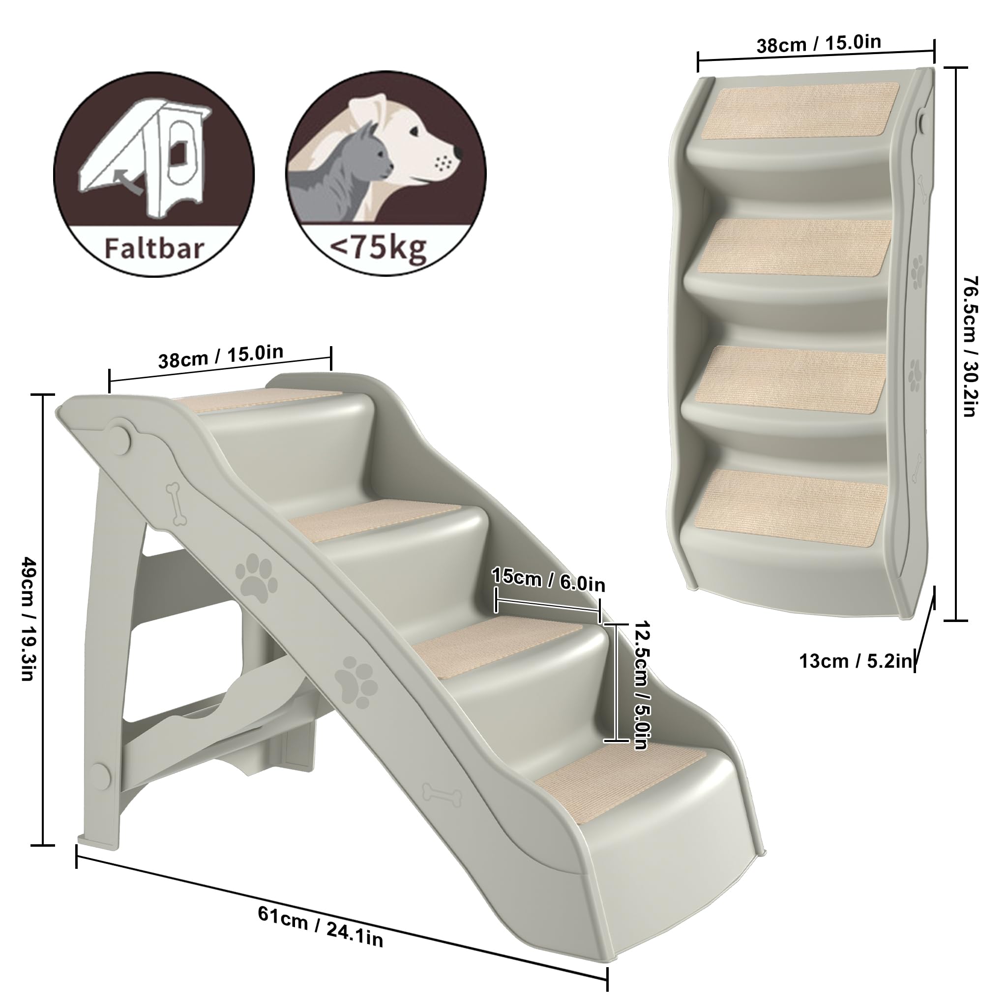 Aufun Escalera para perros de 4 niveles, para gatos de hasta 50 cm de alto, plegable, ideal para perros pequeños y grandes, cama o sofá, gato, cachorro, muebles para mascotas (gris, 1 unidad)