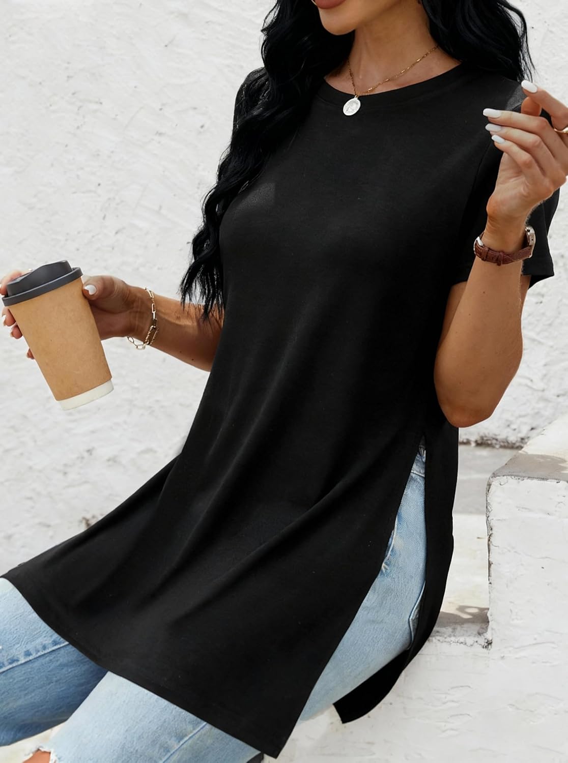 Remidoo Side Slit Tees for Women Tunic Tops Crewneck Long T Shirt Loose Fit Short Sleeve Tee - Image 4