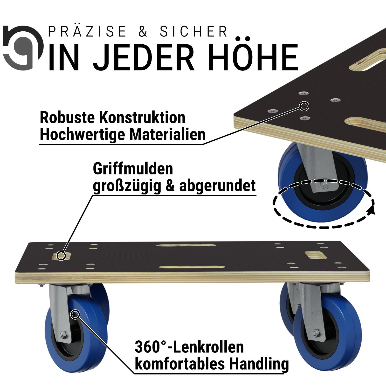 HAGO 24 rotelle per mobili senza freno, in 35 x 50 cm, per carichi pesanti fino a 800 kg, con maniglie, carrello di alta qualità per trasloco, stabile aiuto per il trasporto con ruote