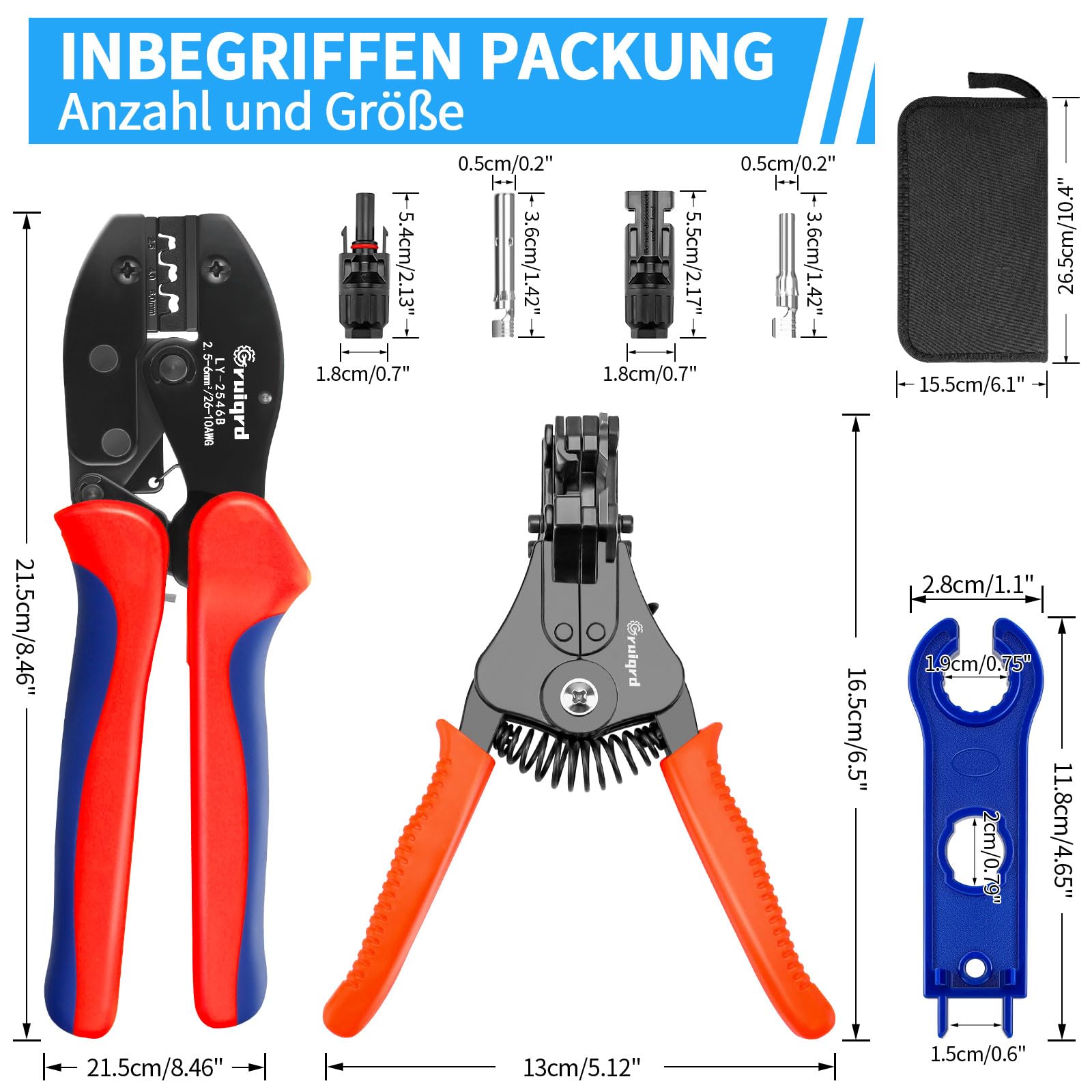 Solar Crimpzange Set für 2.5/4/6mm² Solarpanel PV Kabel, 1x Crimpzange+1x Abisolierzange+10 Paar Solarkabel Stecker+10 Paar Männlich/Weiblich Solar Stecker+2xSolar Steckverbinder Schraubenschlüssel