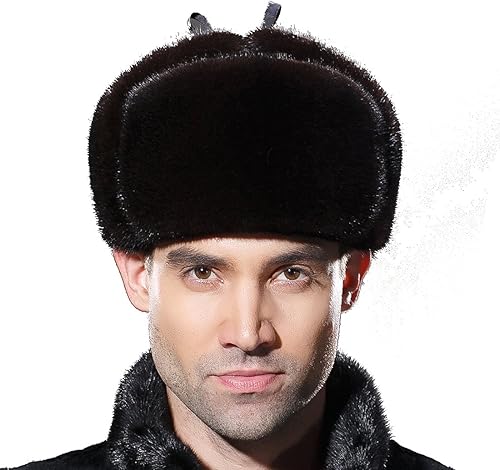 URSFUR Gorra de cuero para hombre rusa Ushanka sombrero de invierno real visón trampero