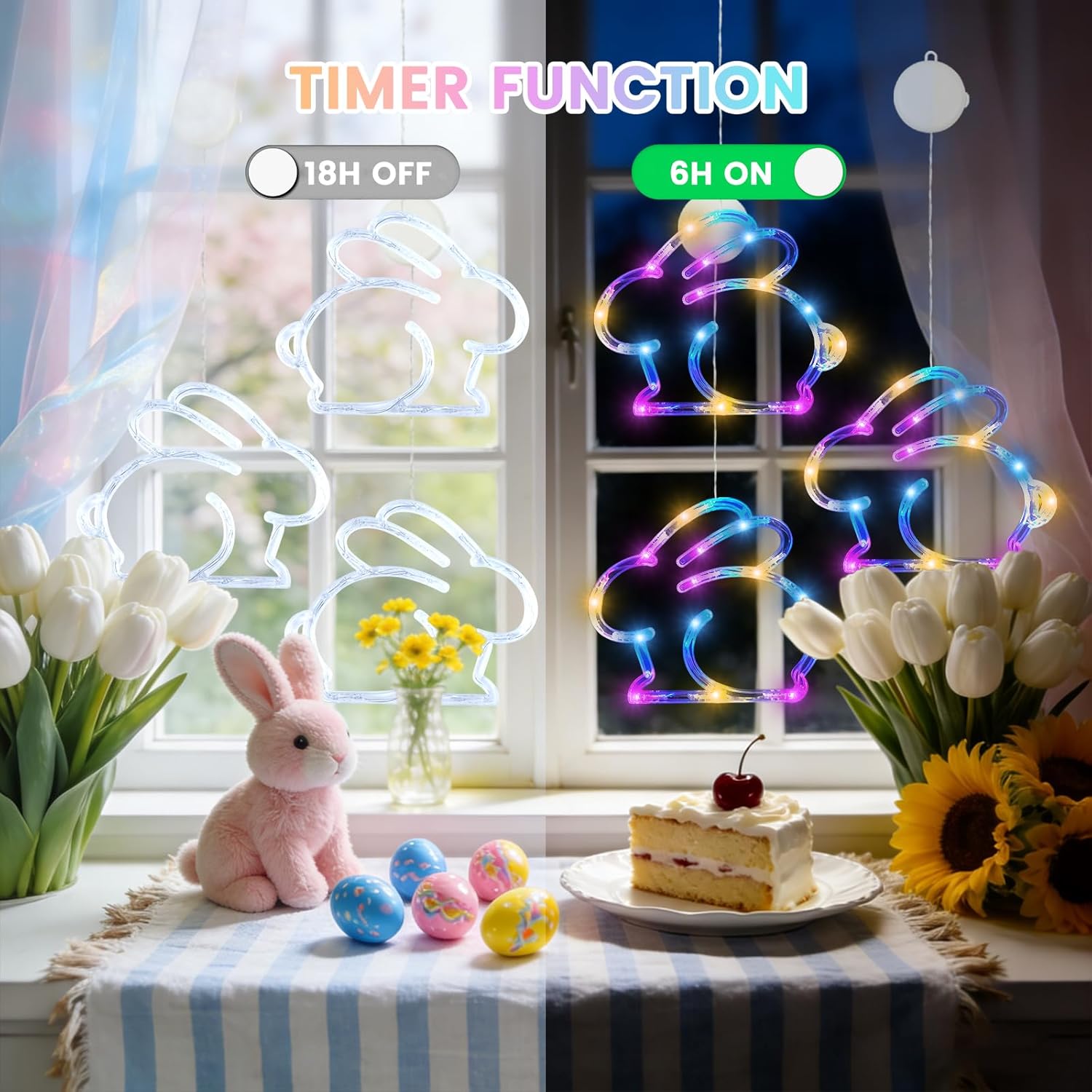 4 Pack & 3Pack Easter Window Lights, Multicolor Bunny and Egg Lights, Battery Operated Easter Window Decorations Light up with Suction Cup and Timer Function for Indoor Window Glass Wall Party Decor
